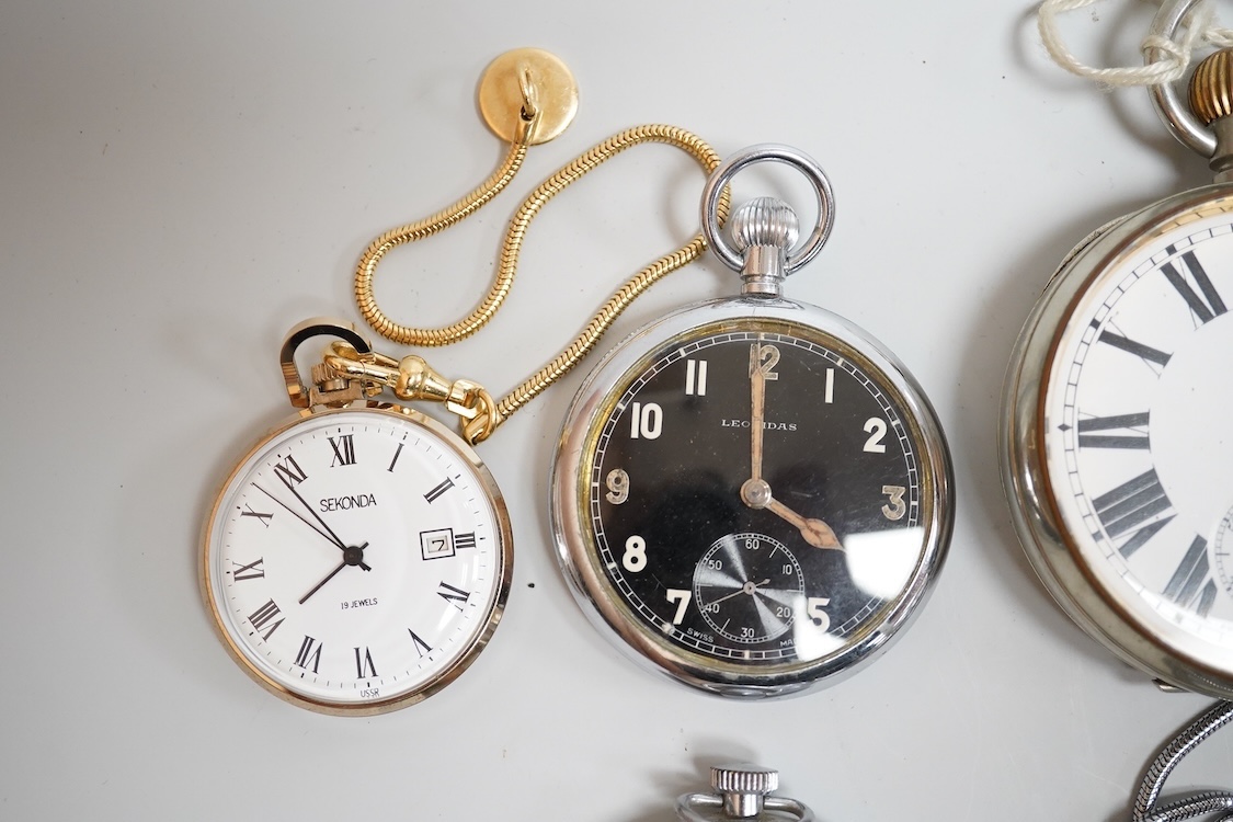 Eight assorted base metal pocket watches including 8 days, case diameter 65mm, a chrome cased Leonidas military, Ingersoll, Sekonda etc.